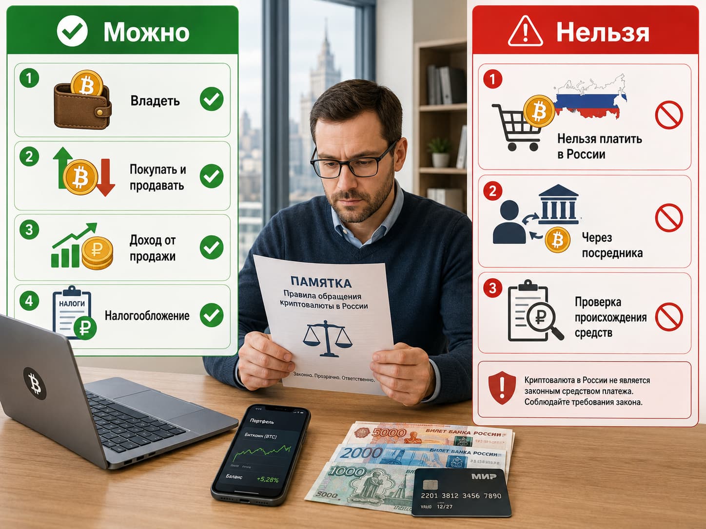 Наглядная редакционная иллюстрация о том, что можно и нельзя делать с криптовалютой в России