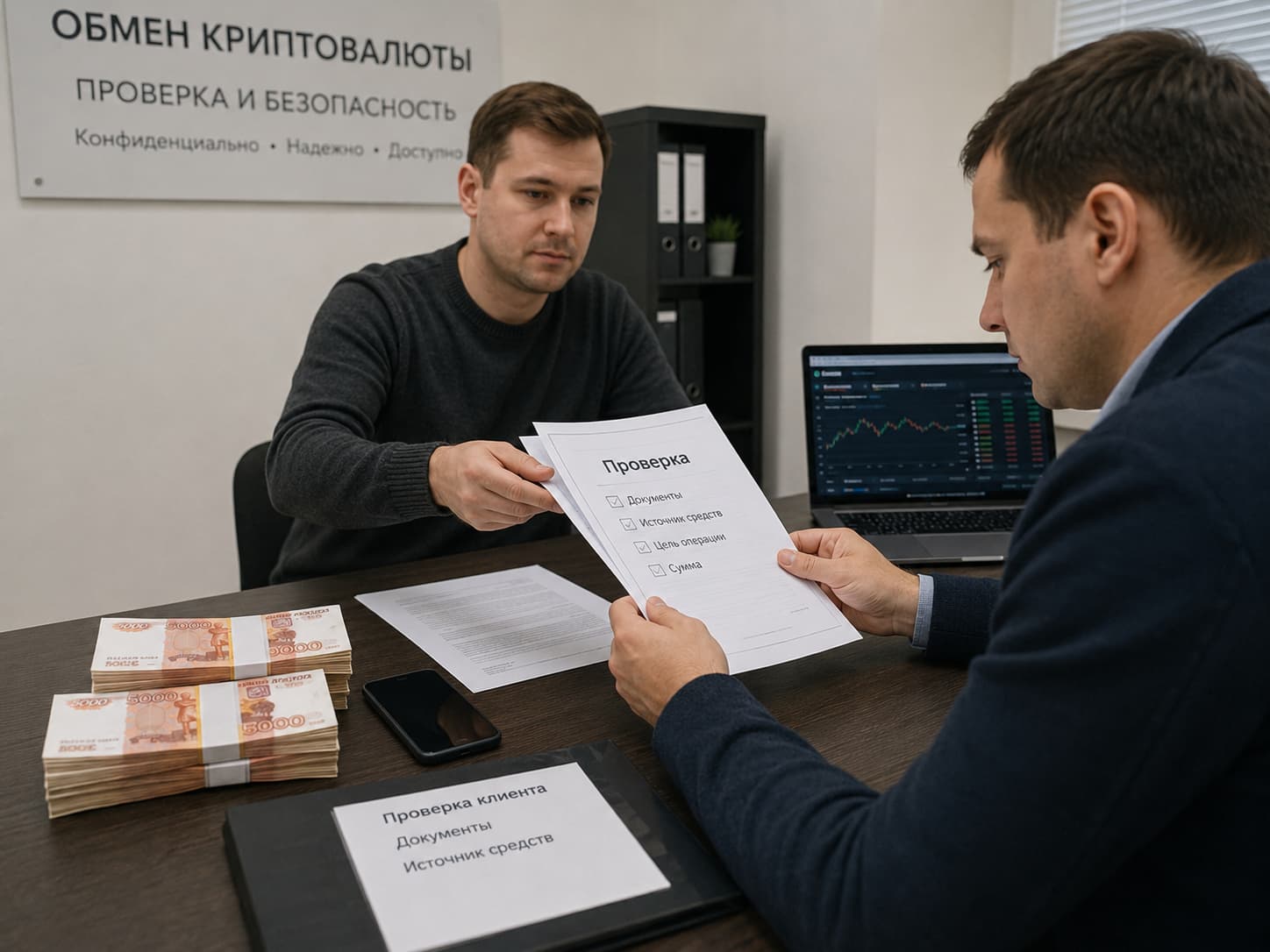 Офисная сцена с документами, наличными и проверкой сделки при наличном криптообмене