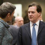 Осборн - фото:    	           add image   view lightbox Eurogroup meets to talk on Greek crisis view more Caption:  BRUSSELS, May. 15, 2012 British Chancellor of the Exchequer George Osborne (R) talks with Danish Economy Minister Margrethe Vestager during EU Finance Ministers meeting at EU's headquarters in Brussels, capital of Belgium, May. 15, 2012. Eurogroup head late Monday strongly refuted the talk of Greece leaving the euro area and hinted at the possibility of softening some of the terms in the bailout program if the country reaffirms its commitments to the rescue plan. (Credit Image: © ZUMAPRESS.com/Global Look Press)